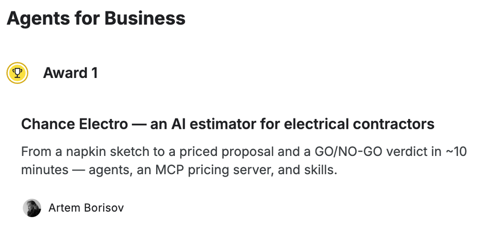 Страница победителей на Kaggle: трек Agents for Business, Award 1 - Chance Electro, Artem Borisov